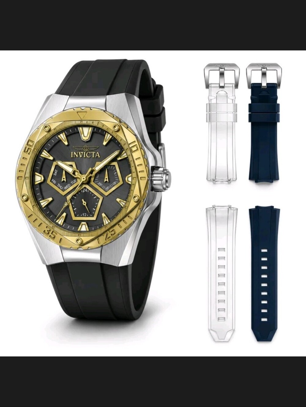 Invicta Men's Black, Gold and Silver Chronograph Watch with Multiple Straps 45mm
